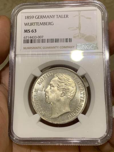 《竞宝斋》第424场 周日，周一，周二  3场连拍 （全场包邮） NGC MS63 德国 1859年 符腾堡 狮鹿盾徽流通泰勒 银币 少见品种 季军分 光度 细节都值得入藏 具体状态见视频 同分今年成交价已经到达6000 上涨幅度较大