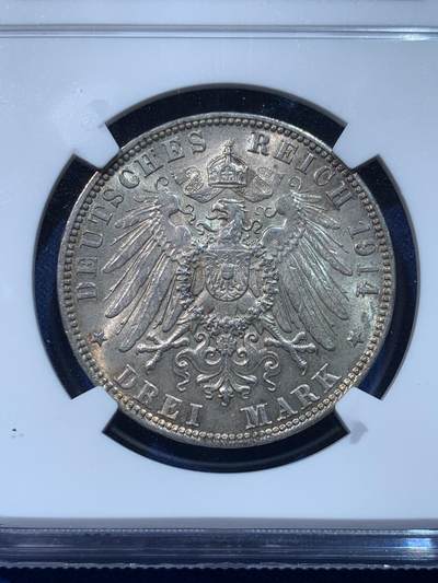 《竞宝斋》第424场 周日，周一，周二  3场连拍 （全场包邮） NGC MS63 德国1914J汉堡-双狮3马克银币