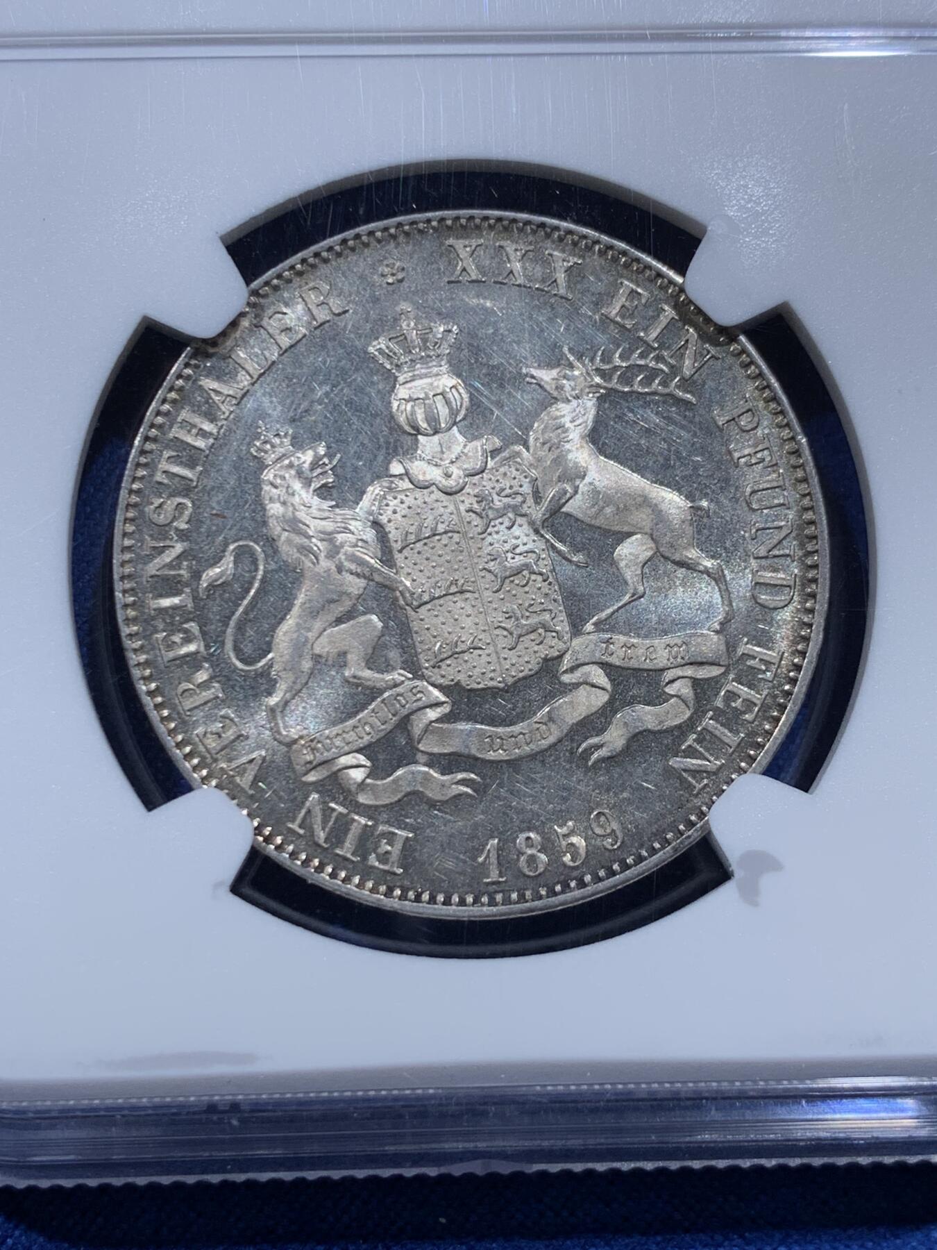《竞宝斋》第424场 周日，周一，周二  3场连拍 （全场包邮） NGC MS63 德国 1859年 符腾堡 狮鹿盾徽流通泰勒 银币 少见品种 季军分 光度 细节都值得入藏 具体状态见视频