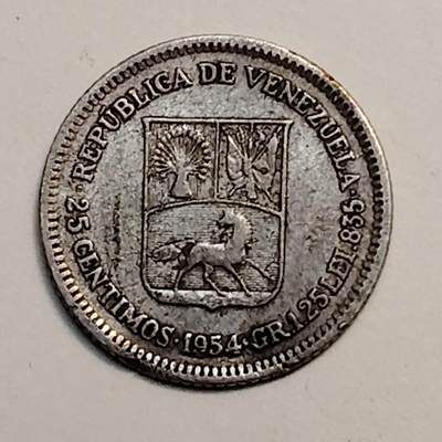 布加迪🐬～世界钱币(上海)🌾第 246 期 /  各国套币和散币 - 委内瑞拉🇻🇪 1954年 25分银币