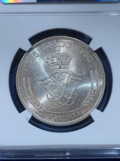 《竞宝斋》第424场 周日，周一，周二  3场连拍 （全场包邮） NGC MS63 丹麦1960年5克朗弗雷德里克九世银婚纪念银币