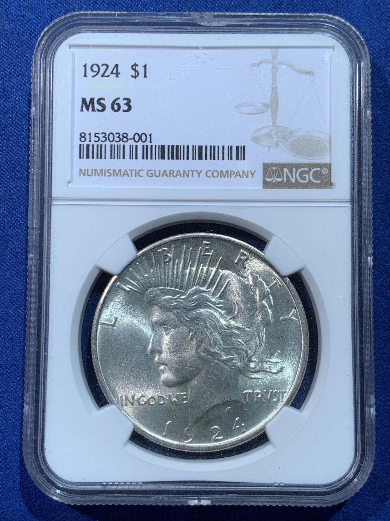 《竞宝斋》第424场 周日，周一，周二  3场连拍 （全场包邮） NGC MS63 美国1924年和平鸽1美元银币