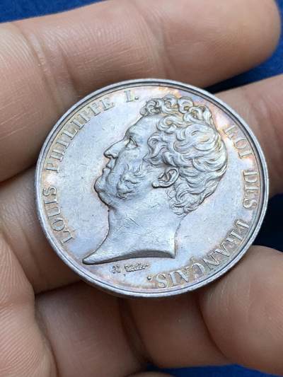 《竞宝斋》第424场 周日，周一，周二  3场连拍 （全场包邮） 法国路易·菲利普一世头像拉罗谢尔商会银质代币，17.13g，32.8mm，油灯边铭