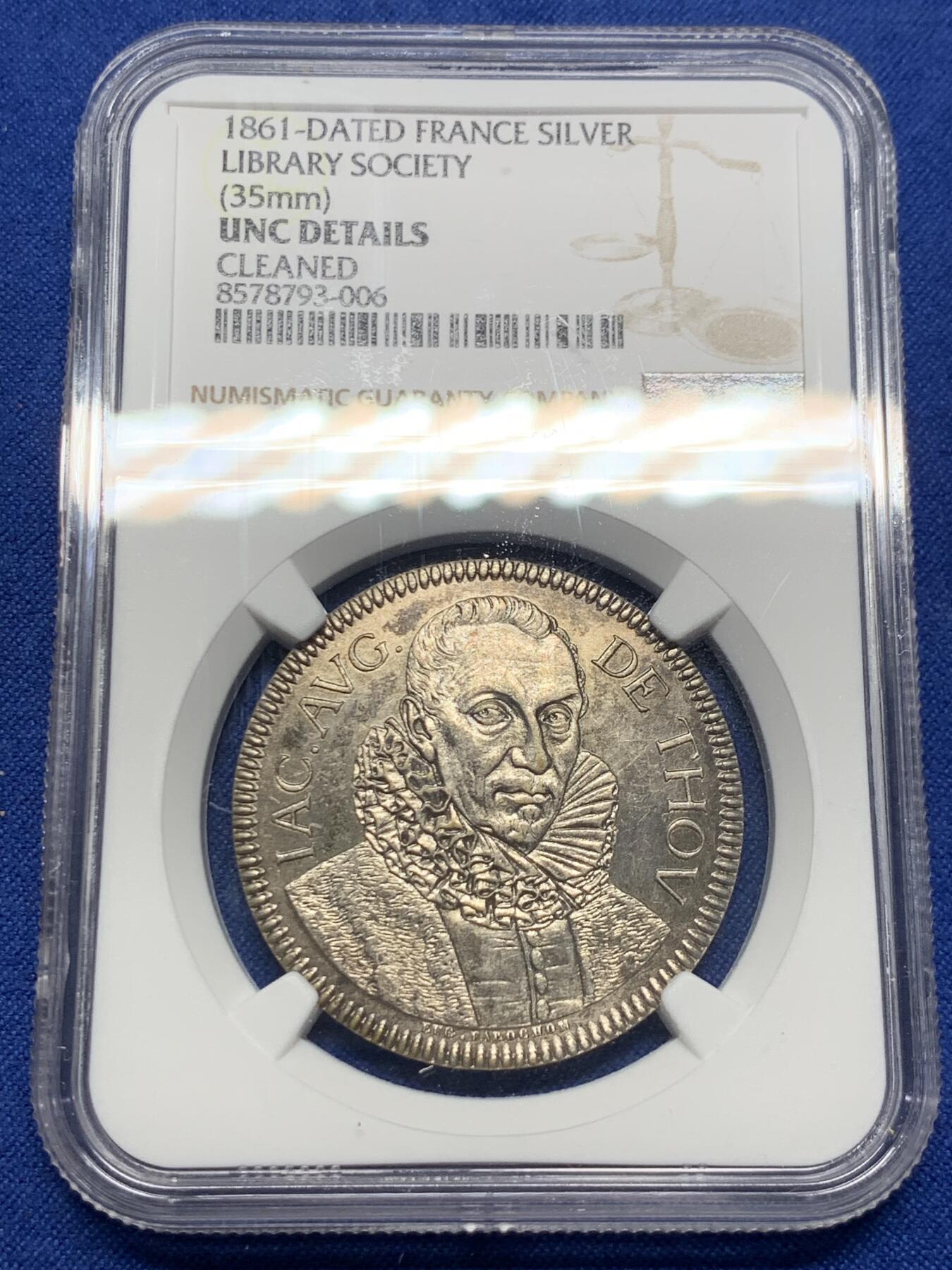 《竞宝斋》第424场 周日，周一，周二  3场连拍 （全场包邮） NGC UNC 1861年法国国家图书馆协会圆形纪念银章