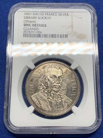 《竞宝斋》第424场 周日，周一，周二  3场连拍 （全场包邮） NGC UNC 1861年法国国家图书馆协会圆形纪念银章