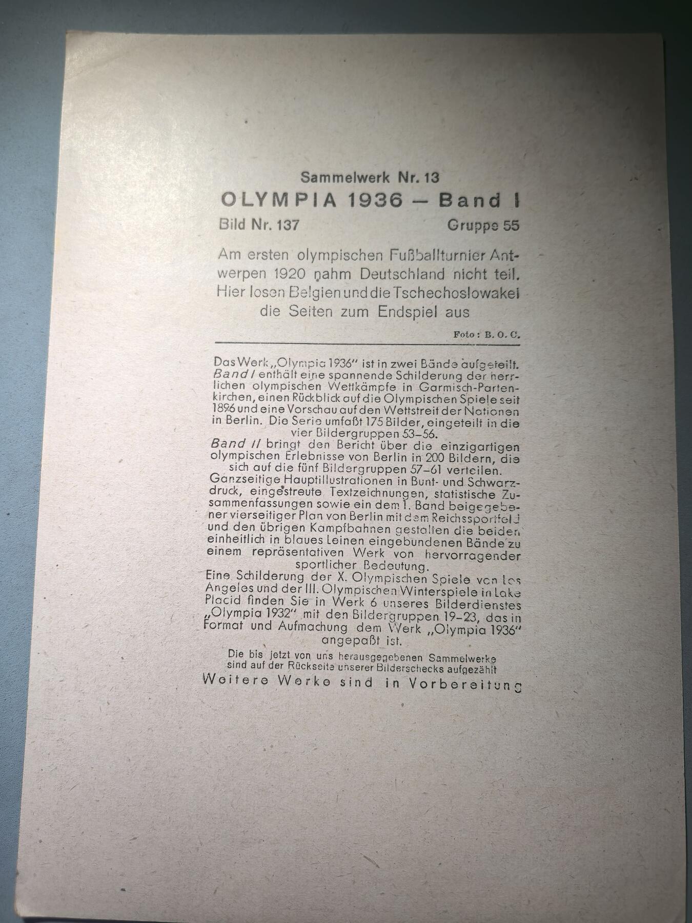 盛世勋华——号角文化勋章邮票专场拍卖第281期 德国（1939）1936年柏林奥运会大尺寸宣传照片 1920年安特卫普第一届奥运会足球锦标赛上，德国没有参赛。在此，比利时与捷克斯洛伐克争夺决赛席位