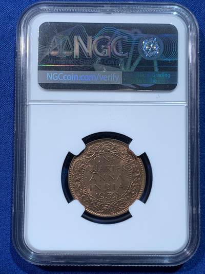 《竞宝斋》第424场 周日，周一，周二  3场连拍 （全场包邮） NGC MS64RB 英属印度1939年C版1/4安娜铜币