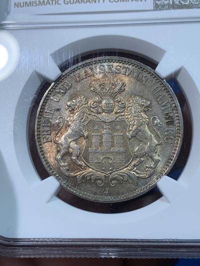 《竞宝斋》第424场 周日，周一，周二  3场连拍 （全场包邮） NGC MS63 德国1914J汉堡-双狮3马克银币