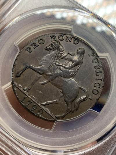 《竞宝斋》第424场 周日，周一，周二  3场连拍 （全场包邮） PCGS AU55 英国1792年考文垂戈黛娃夫人半便士Token铜币，热门品种，状态很好的一枚，发丝、胸口、马鬃及背面砖石的细节都很赞，强于所见打制不佳的MS品，状态胜过分数