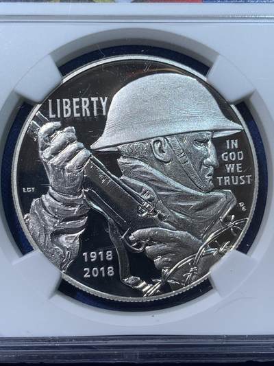 《竞宝斋》第424场 周日，周一，周二  3场连拍 （全场包邮） NGC PF70UC 美国2018年一战百年1美元银币 少见美国标签 满分评级