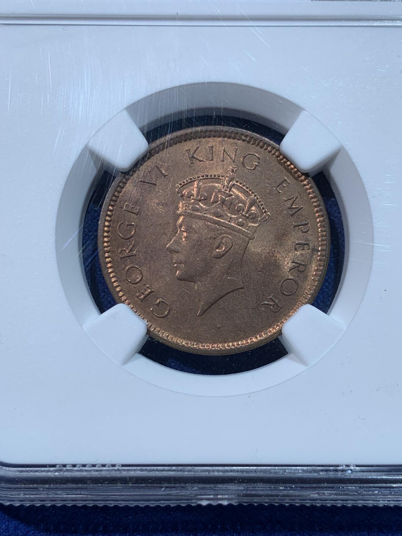 《竞宝斋》第424场 周日，周一，周二  3场连拍 （全场包邮） NGC MS64RB 英属印度1939年C版1/4安娜铜币