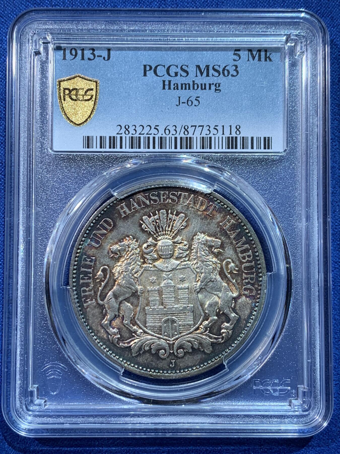 《竞宝斋》第424场 周日，周一，周二  3场连拍 （全场包邮） PCGS MS63 德国1913J 汉堡-双狮5马克银币 双面环五彩包浆，底板双面转光，状态难得。