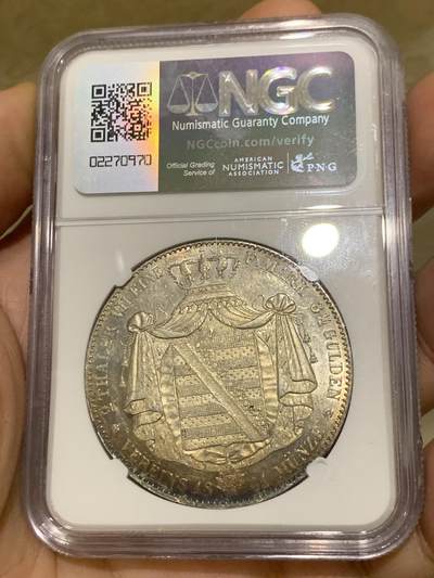 《竞宝斋》第424场 周日，周一，周二  3场连拍 （全场包邮） 唯一冠军分 NGC MS62 德国 1841 萨克森王国 弗里德里希·奥古斯特二世 流通2泰勒37克多的大银币 仅2枚入盒