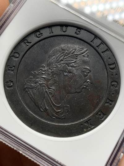 《竞宝斋》第424场 周日，周一，周二  3场连拍 （全场包邮） NGC AU50BN 英国1797年乔三SOHO大车轮2便士大铜币 深打巧克力 加厚盒装