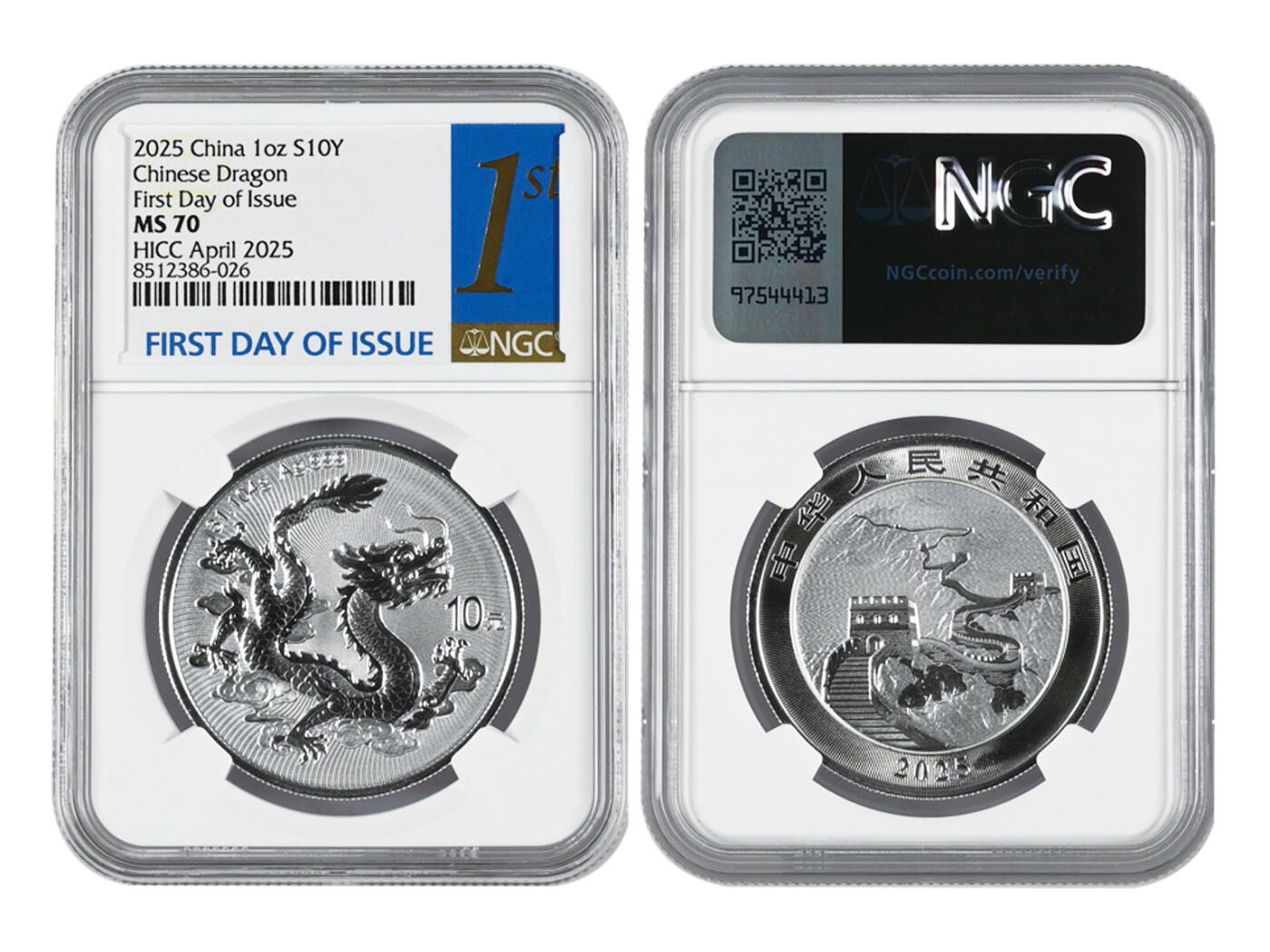 冠军2025年11月29日澳门拍卖 2025版中國龍銀質紀念幣，NGC MS 70，HICC April 2025首日發行標籤（僅600枚），8512386-026，含純銀1oz，成色99.9%，直徑38mm，面額10元