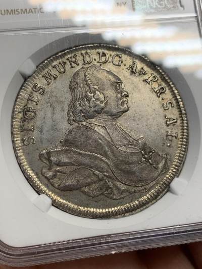 《竞宝斋》第424场 周日，周一，周二  3场连拍 （全场包邮） 亚军分 NGC MS62 奥地利 萨尔茨堡 1763年 泰勒银币 极少版本 11年同分 8000成交 裸币和MS 差距极为明显的品种