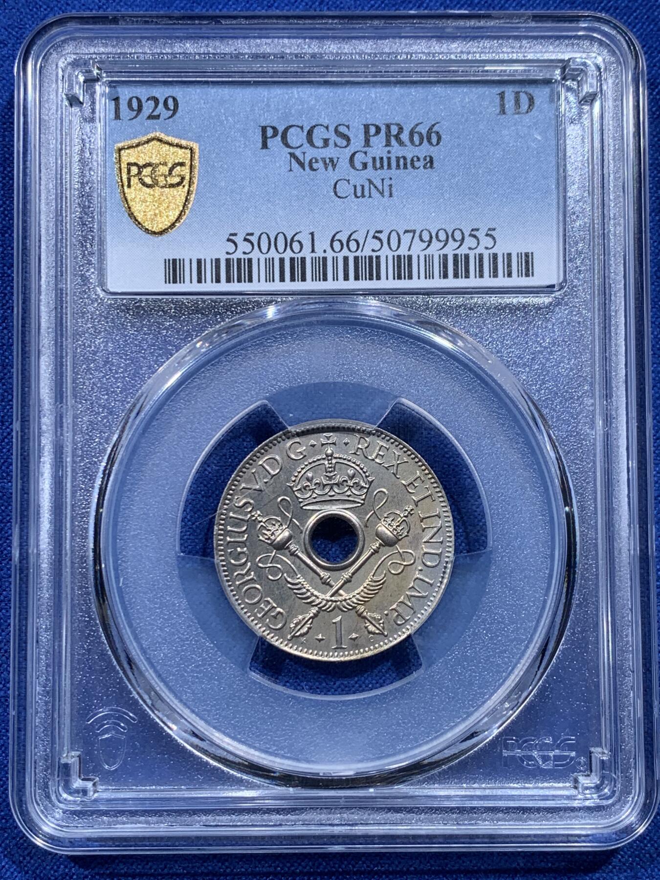 《竞宝斋》第424场 周日，周一，周二  3场连拍 （全场包邮） 2枚一组 PCGS PR65-66 新几内亚 1929年 1便士+1/2便士 精制币一对 非常稀少的品种 值得推荐