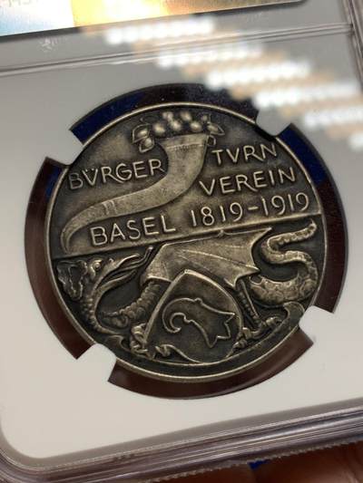 《竞宝斋》第424场 周日，周一，周二  3场连拍 （全场包邮） NGC MS62 瑞士1919年巴塞尔体育协会成立百年纪念银章