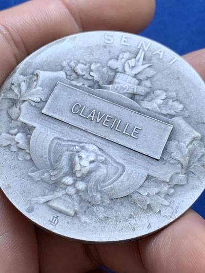 《竞宝斋》第424场 周日，周一，周二  3场连拍 （全场包邮） 1921年法国巴黎参议院授予克拉韦耶银质奖章  Louis Claveille [1860-1926] 为法国工程师、政治家，曾任法国公共工程部长，主导一战期间重大基础设施建设项目。59克，49.4mm，丰饶角1银标，带盒。