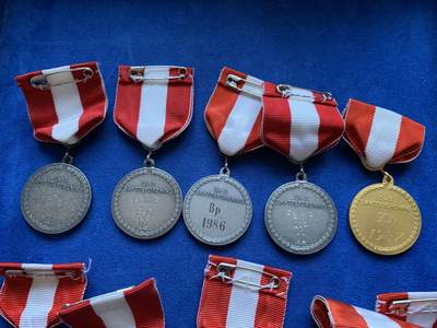 《竞宝斋》第424场 周日，周一，周二  3场连拍 （全场包邮） 瑞典射击节奖章，全部14枚，单个直径约30.7mm，总重约243.2克，细节见图。