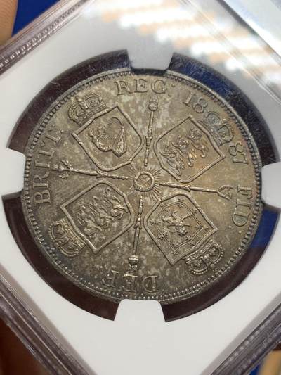 《竞宝斋》第424场 周日，周一，周二  3场连拍 （全场包邮） NGC MS62 英国1887年维多利亚双弗罗林银币，古罗马数字1版本，深五彩包浆。