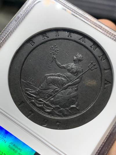 《竞宝斋》第424场 周日，周一，周二  3场连拍 （全场包邮） NGC AU50BN 英国1797年乔三SOHO大车轮2便士大铜币 深打巧克力 加厚盒装