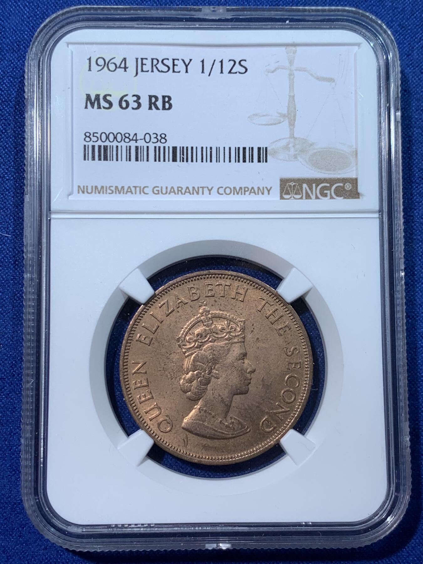 《竞宝斋》第424场 周日，周一，周二  3场连拍 （全场包邮） NGC MS63RB 英属泽西岛1964年1/12先令 红棕色充分氧化