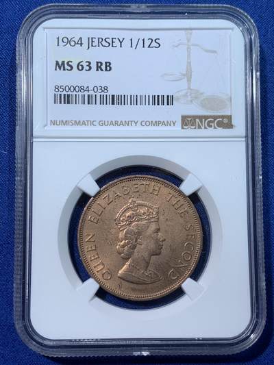《竞宝斋》第424场 周日，周一，周二  3场连拍 （全场包邮） - NGC MS63RB 英属泽西岛1964年1/12先令 红棕色充分氧化