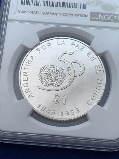 《竞宝斋》第424场 周日，周一，周二  3场连拍 （全场包邮） NGC PF68UC 阿根廷1995年联合国50周年精制银币，联合国系列中少见的品种，克书记录发行量500枚。