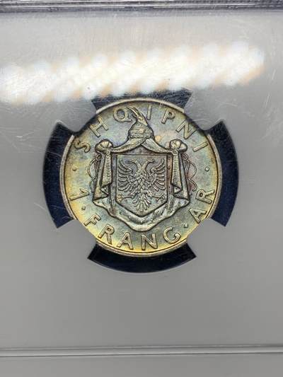《竞宝斋》第424场 周日，周一，周二  3场连拍 （全场包邮） NGC AU58 阿尔巴尼亚王国1937年1法郎银币 五彩包浆非常养眼
