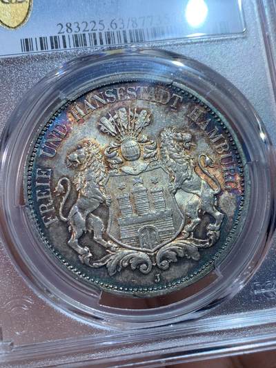 《竞宝斋》第424场 周日，周一，周二  3场连拍 （全场包邮） PCGS MS63 德国1913J 汉堡-双狮5马克银币 双面环五彩包浆，底板双面转光，状态难得。
