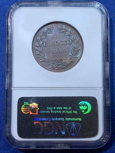 《竞宝斋》第424场 周日，周一，周二  3场连拍 （全场包邮） NGC MS64BN 意大利教皇国1844年格里高利十六世 1贝阿科铜币，欧洲老标，极美品