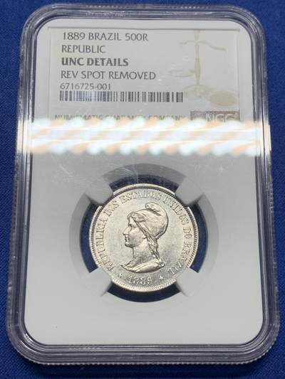 《竞宝斋》第424场 周日，周一，周二  3场连拍 （全场包邮） - NGC UNCD 1889年巴西共和国500瑞斯，书价UNC50美元，细节见图。