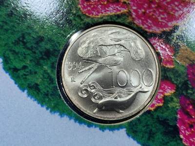 《竞宝斋》第424场 周日，周一，周二  3场连拍 （全场包邮） 意大利1994年花神1000里拉银币 原册 835银 14.6克