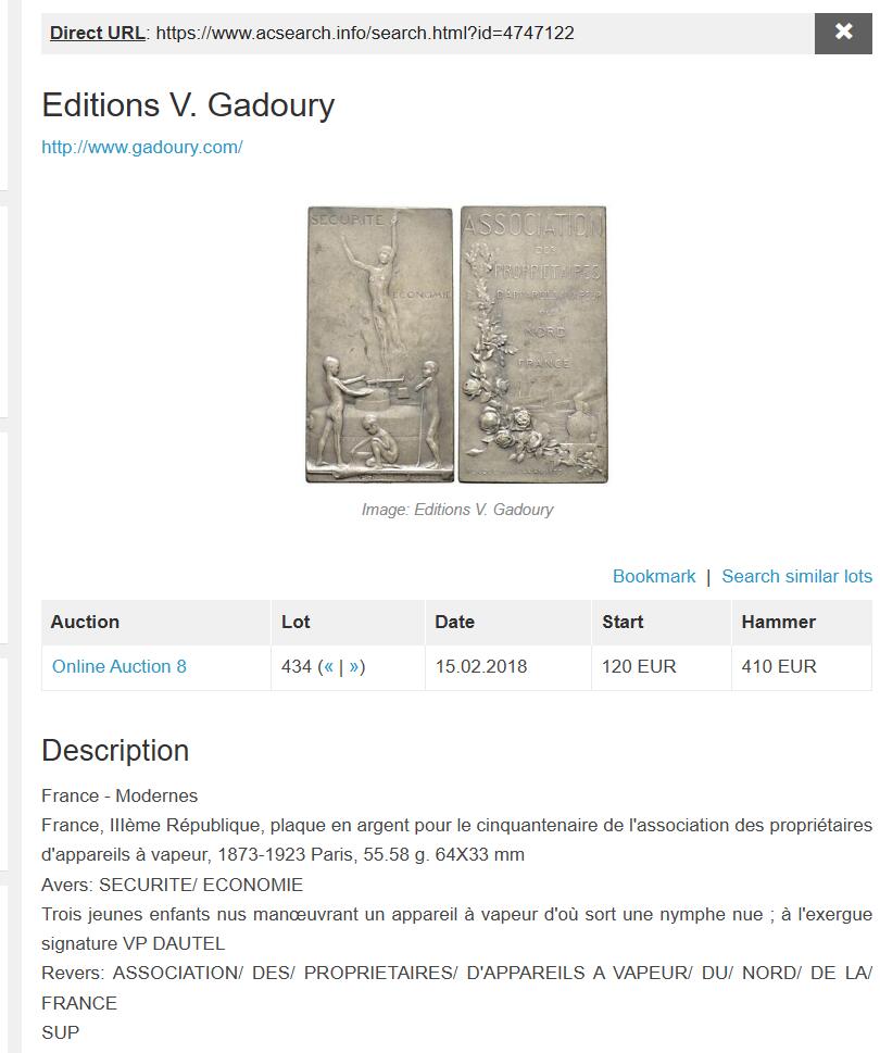 《竞宝斋》第423场 周日，周一，周二  3场连拍 （全场包邮） 名家VP. Dautel 1908年作纪念里尔大会 · 法国蒸汽设备业主协会纪念银章 57.2克 34*64.5mm 带原盒 丰饶角1银 银质稀有 状态差点的 4000成交记录