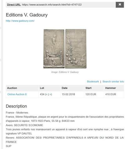 《竞宝斋》第423场 周日，周一，周二  3场连拍 （全场包邮） 名家VP. Dautel 1908年作纪念里尔大会 · 法国蒸汽设备业主协会纪念银章 57.2克 34*64.5mm 带原盒 丰饶角1银 银质稀有 状态差点的 4000成交记录