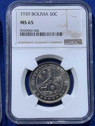 《竞宝斋》第424场 周日，周一，周二  3场连拍 （全场包邮） 两枚一组 NGC MS65 玻利维亚1939年50分镍币 近百年高分未流通少见