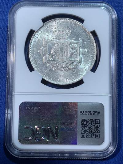 《竞宝斋》第424场 周日，周一，周二  3场连拍 （全场包邮） NGC MS61 葡萄牙1910年曼努埃尔二世半岛战争 狮炮盾徽1000瑞斯大银币