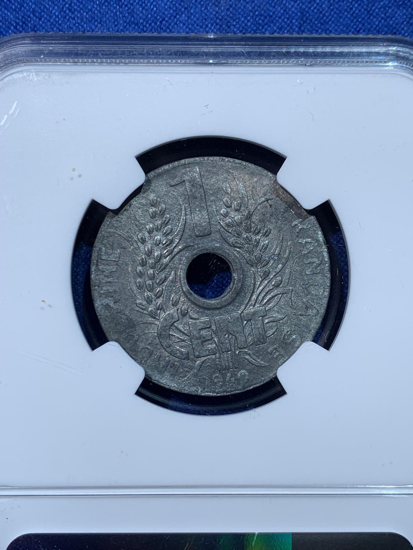 《竞宝斋》第424场 周日，周一，周二  3场连拍 （全场包邮） NGC MS63 法属印支 1940年 1分 锌币