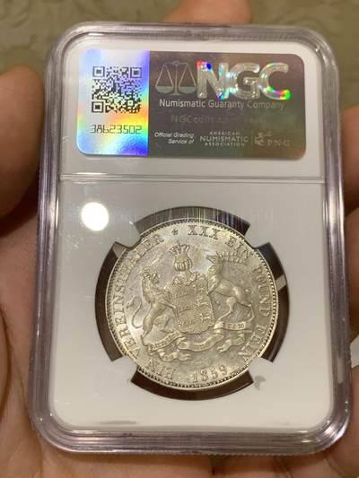 《竞宝斋》第424场 周日，周一，周二  3场连拍 （全场包邮） NGC MS63 德国 1859年 符腾堡 狮鹿盾徽流通泰勒 银币 少见品种 季军分 光度 细节都值得入藏 具体状态见视频 同分今年成交价已经到达6000 上涨幅度较大