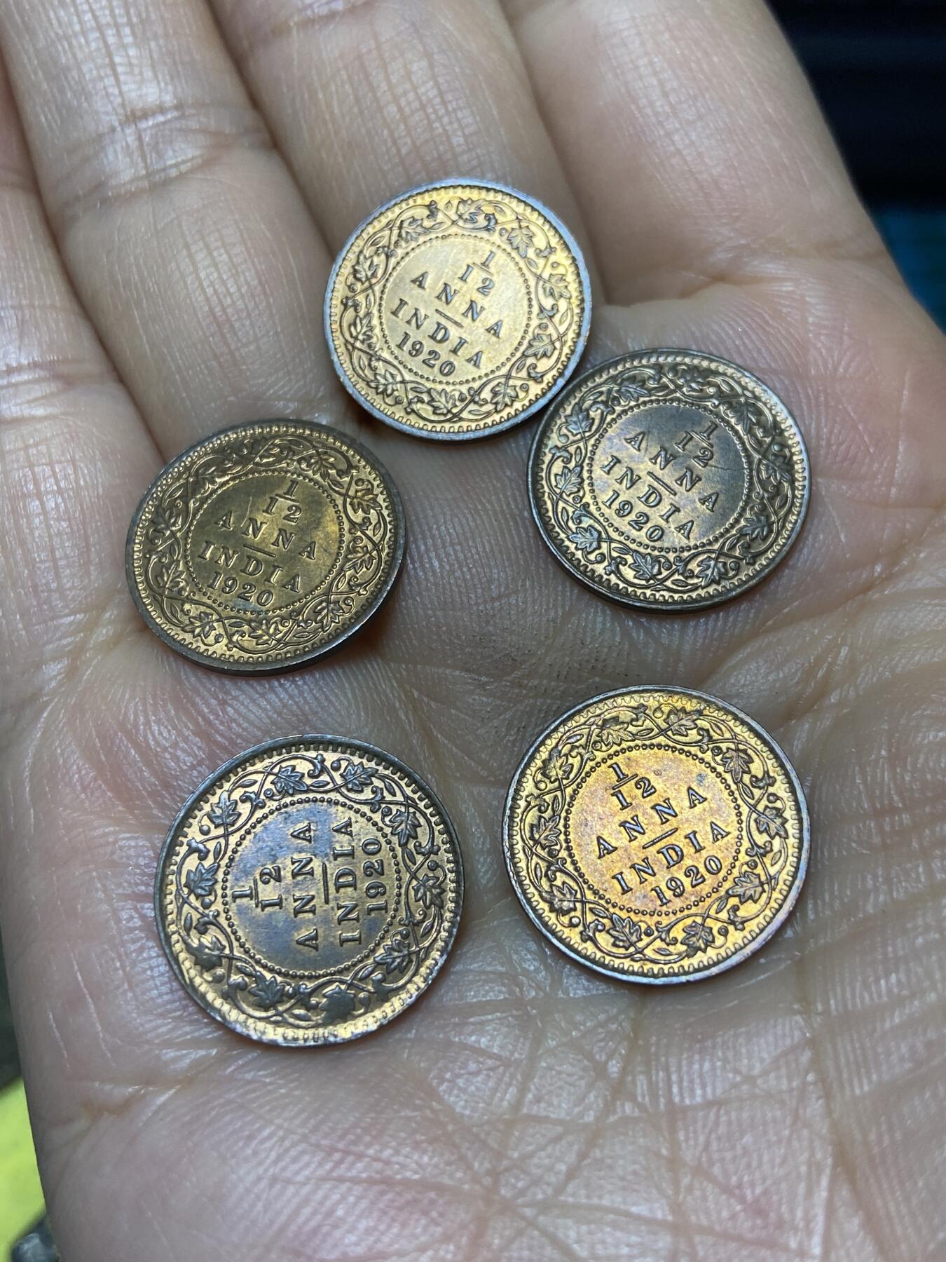 2025年第九十八场(总第一百二十四场）外国好品散币(免佣金) 带光好品–英属印度1920年1/12安娜5枚(乔治五世时期，C版加尔各答造)