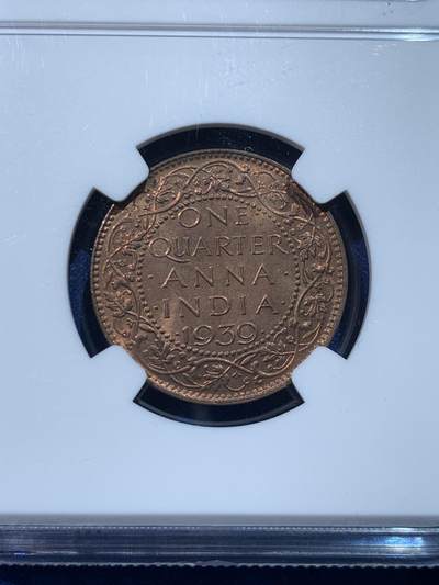 《竞宝斋》第424场 周日，周一，周二  3场连拍 （全场包邮） NGC MS64RB 英属印度1939年C版1/4安娜铜币