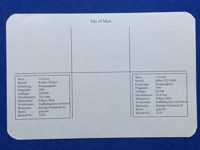 《竞宝斋》第424场 周日，周一，周二  3场连拍 （全场包邮） 马恩岛1982年西班牙世界杯克朗型纪念币一对 其中一枚是银币（925银，28.28克）
