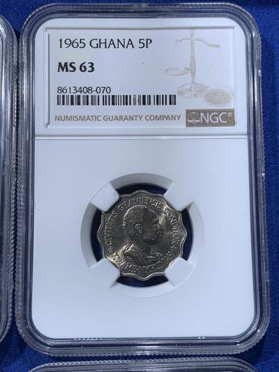 《竞宝斋》第424场 周日，周一，周二  3场连拍 （全场包邮） 四枚一组 NGC MS63-65 加纳1965年5/10/25/50pesewa 四枚全套 全部MS爆光品相 一步到位 成套少见