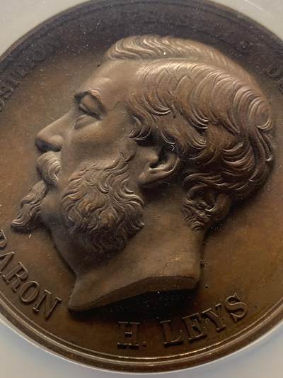 《竞宝斋》第424场 周日，周一，周二  3场连拍 （全场包邮） NGC MS62BN 比利时1868巴黎世界博览会铜章 高浮雕 68mm 加大加厚盒