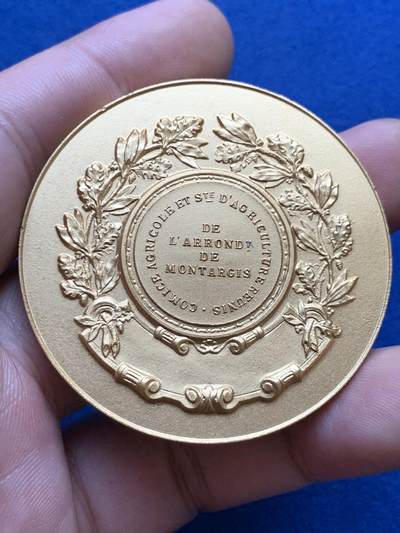 《竞宝斋》第424场 周日，周一，周二  3场连拍 （全场包邮） 法国卢瓦雷省蒙塔日市农业镀金铜章 农作细节丰富 51.2克 50mm 带盒 镀金保存很好