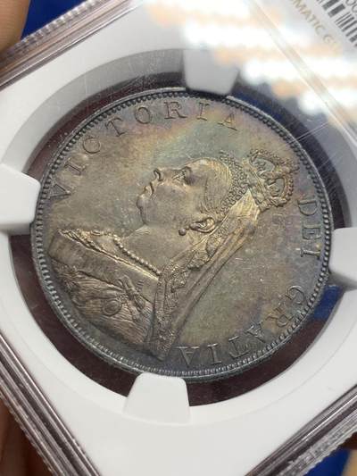 《竞宝斋》第424场 周日，周一，周二  3场连拍 （全场包邮） NGC MS62 英国1887年维多利亚双弗罗林银币，古罗马数字1版本，深五彩包浆。
