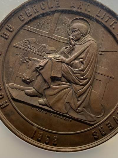 《竞宝斋》第424场 周日，周一，周二  3场连拍 （全场包邮） NGC MS62BN 比利时1868巴黎世界博览会铜章 高浮雕 68mm 加大加厚盒