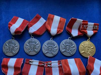 《竞宝斋》第424场 周日，周一，周二  3场连拍 （全场包邮） 瑞典射击节奖章，全部14枚，单个直径约30.7mm，总重约243.2克，细节见图。