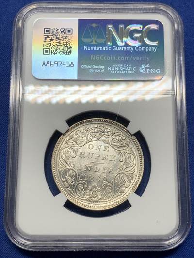 《竞宝斋》第424场 周日，周一，周二  3场连拍 （全场包邮） NGC MS61 英属印度1862年B版维多利亚女王皇冠头像1卢比银币